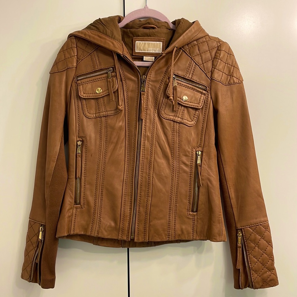 Michael Kors hooded leather jacket, Moto jacket, size small